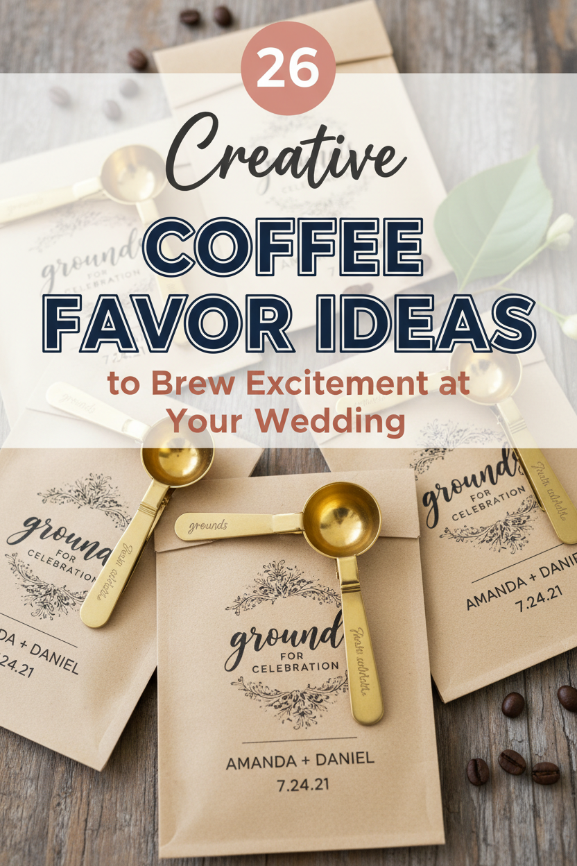 Coffee favor ideas displayed as kraft paper wedding favor bags with golden spoons and coffee beans on rustic wood