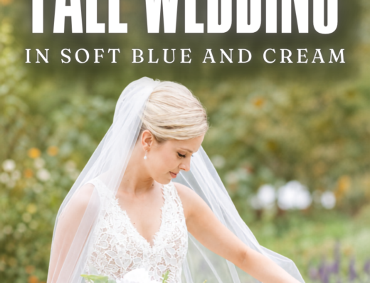 Bride in a white lace wedding dress and veil holds a bouquet of white and blush flowers outdoors at Sunflower Hill Farm, with text reading "Romantic Fall Wedding in Soft Blue and Cream.