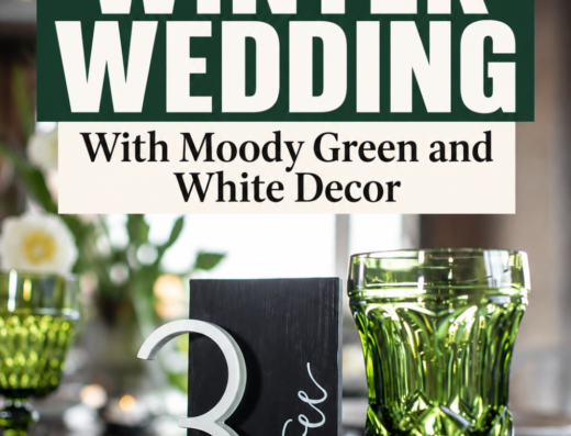 Table setting with green glassware, a black table number three sign, white flowers, and text promoting an Ethereal Emerald winter wedding styled shoot in Illinois, featuring moody green and white decor.
