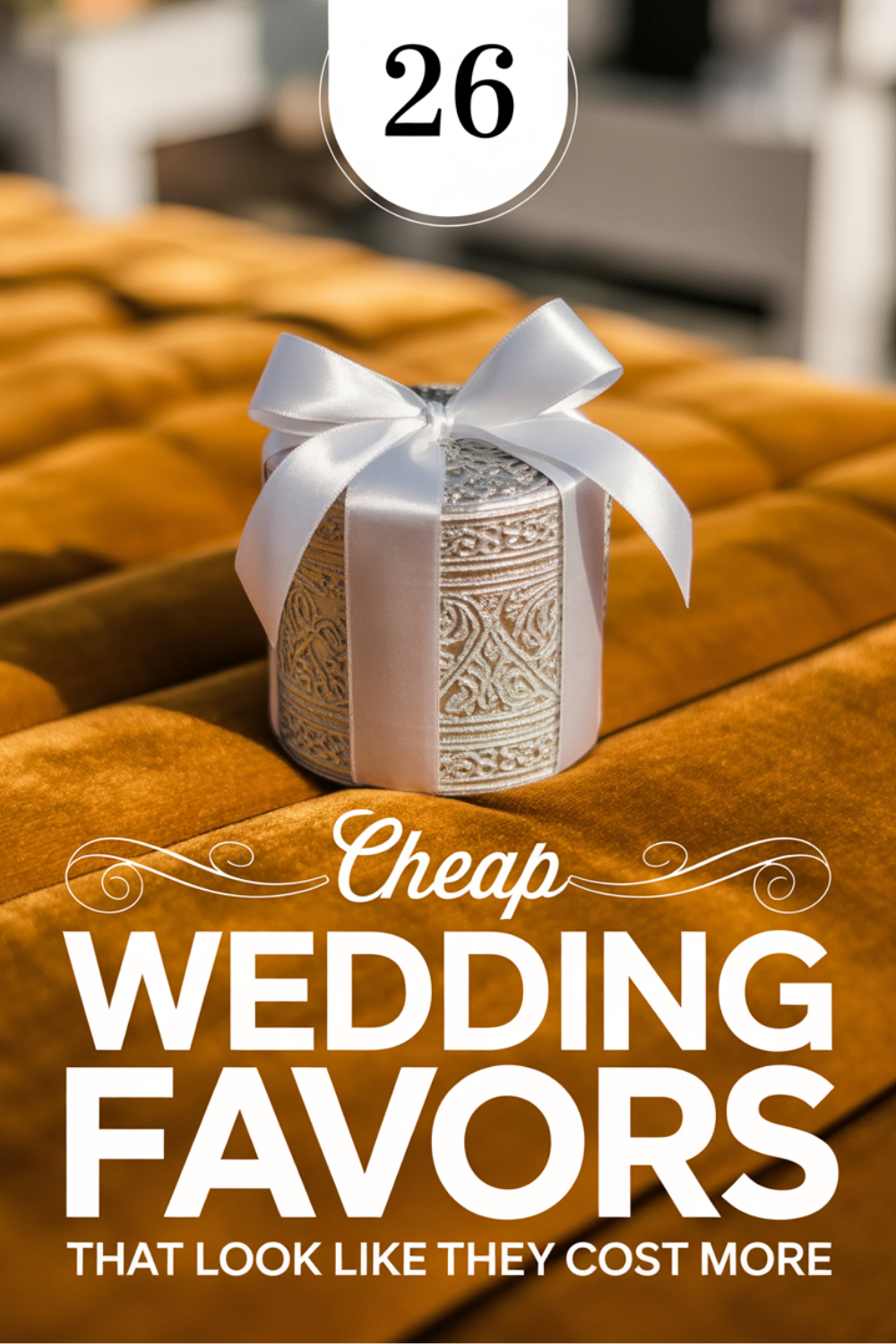 A decorative silver box with a white ribbon sits on a gold surface, perfect for budget wedding celebrations, with text reading “26 Cheap Wedding Favors That Look Like They Cost More.”.