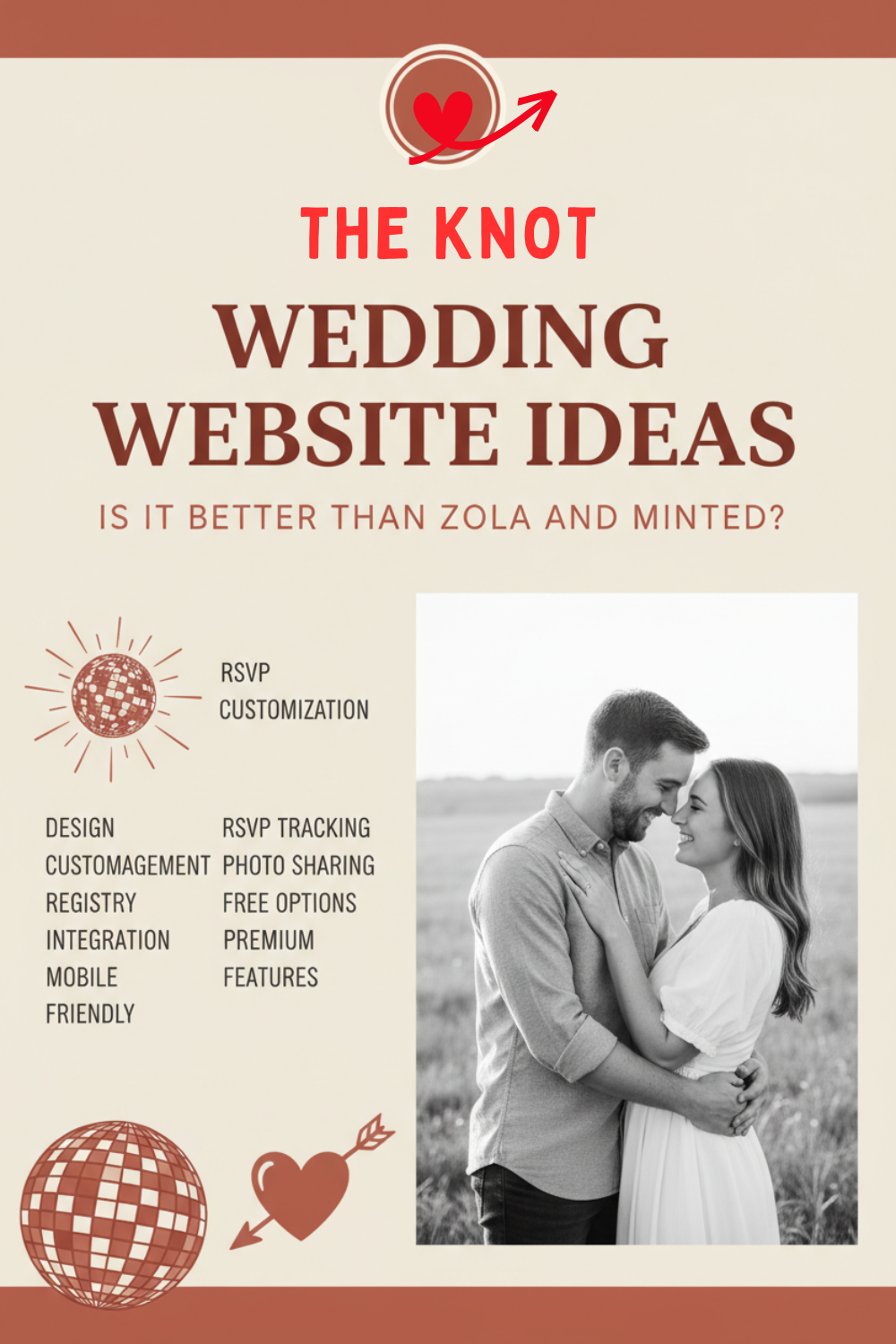 The knot wedding website ideas infographic featuring engaged couple embracing in field with RSVP customization features