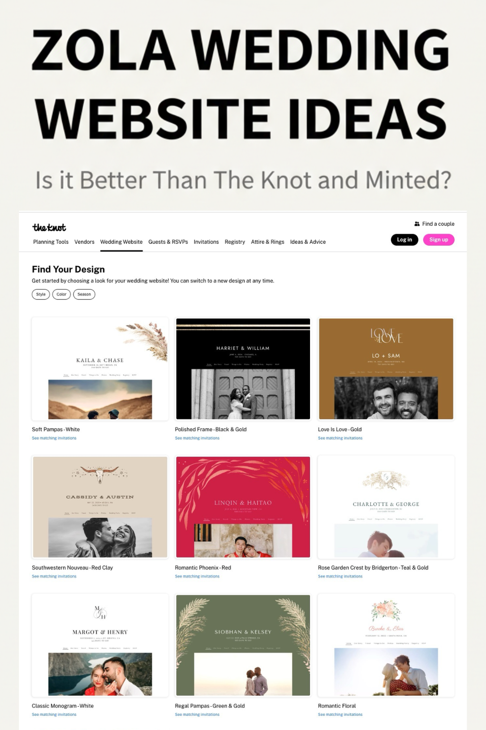 Zola wedding website ideas showcase nine elegant template designs featuring couples in romantic settings with various color schemes and styles