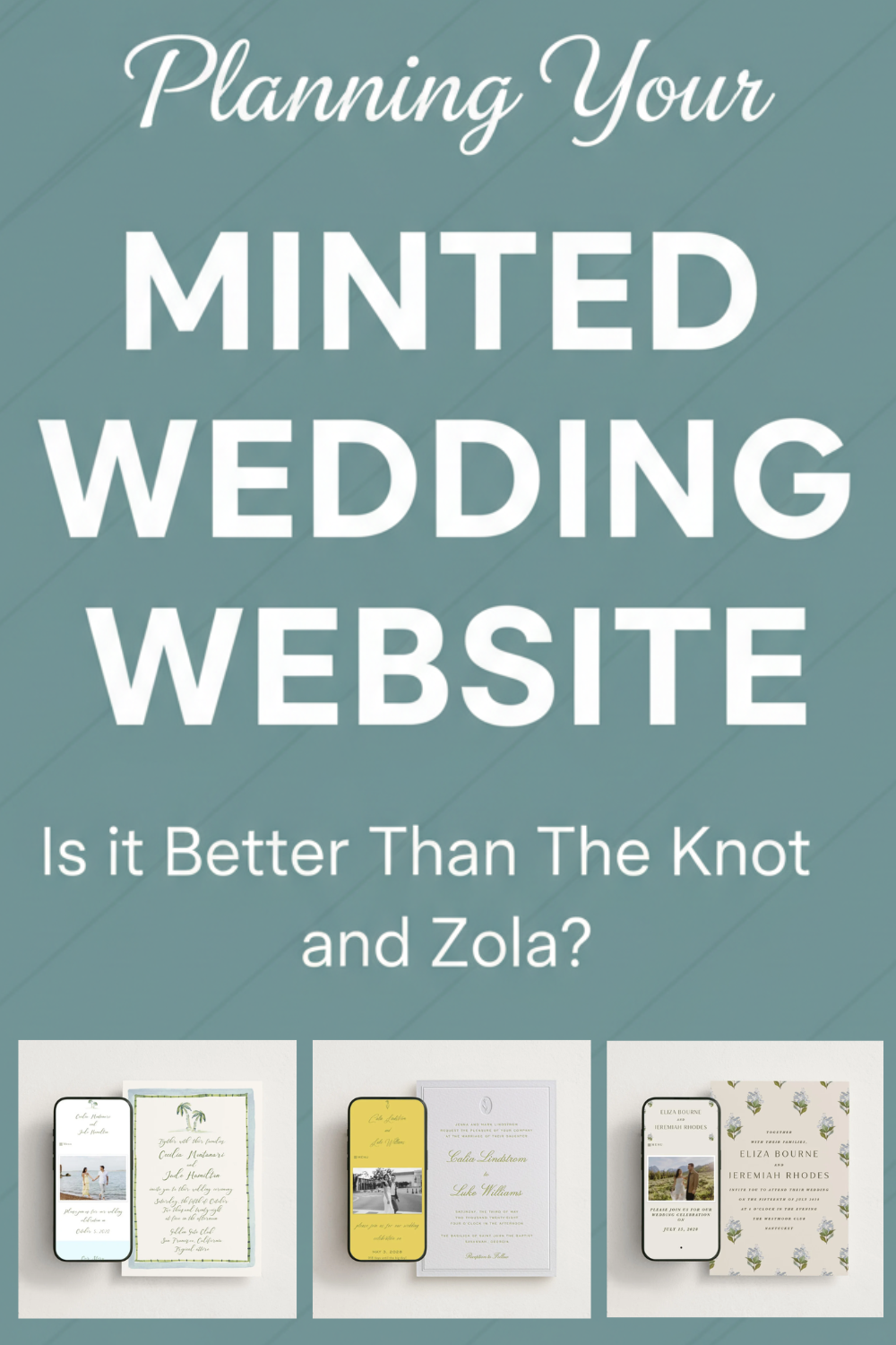 Minted wedding website planning guide with three smartphone and invitation mockups displayed on pastel backgrounds