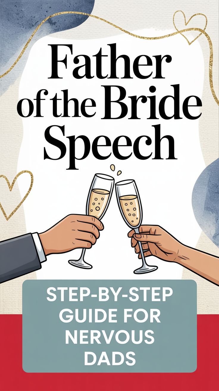 Illustrated cover with "Father of the Bride Speech" and "Step-by-step guide for nervous dads," featuring two hands clinking champagne glasses—includes speech tips and inspiring father of the bride speech examples.