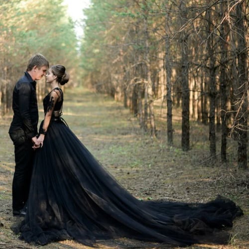 black wedding dress with long train