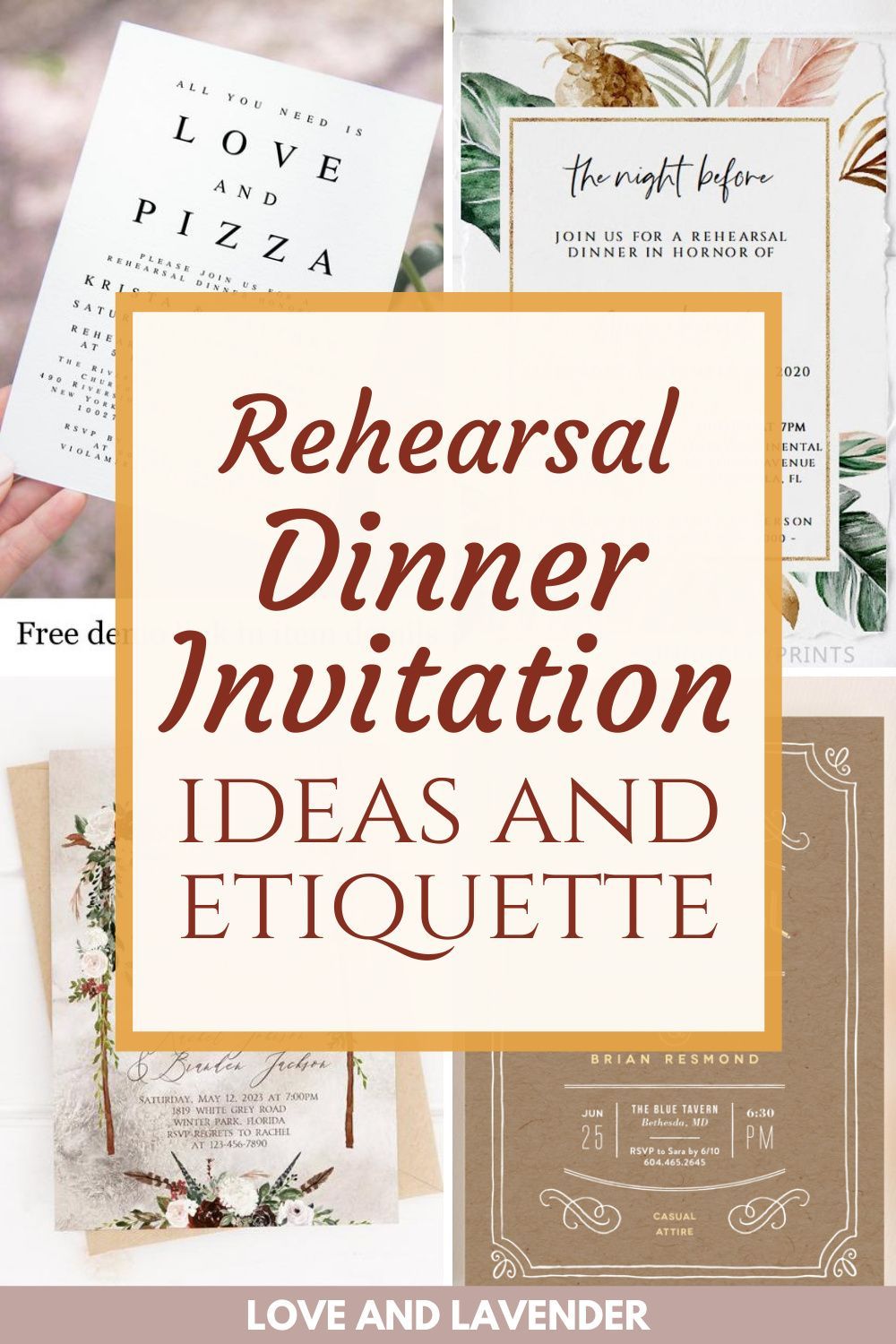 A collage of fun rehearsal dinner invitations with a central text overlay reading "Rehearsal Dinner Invitation: Ideas and Etiquette.