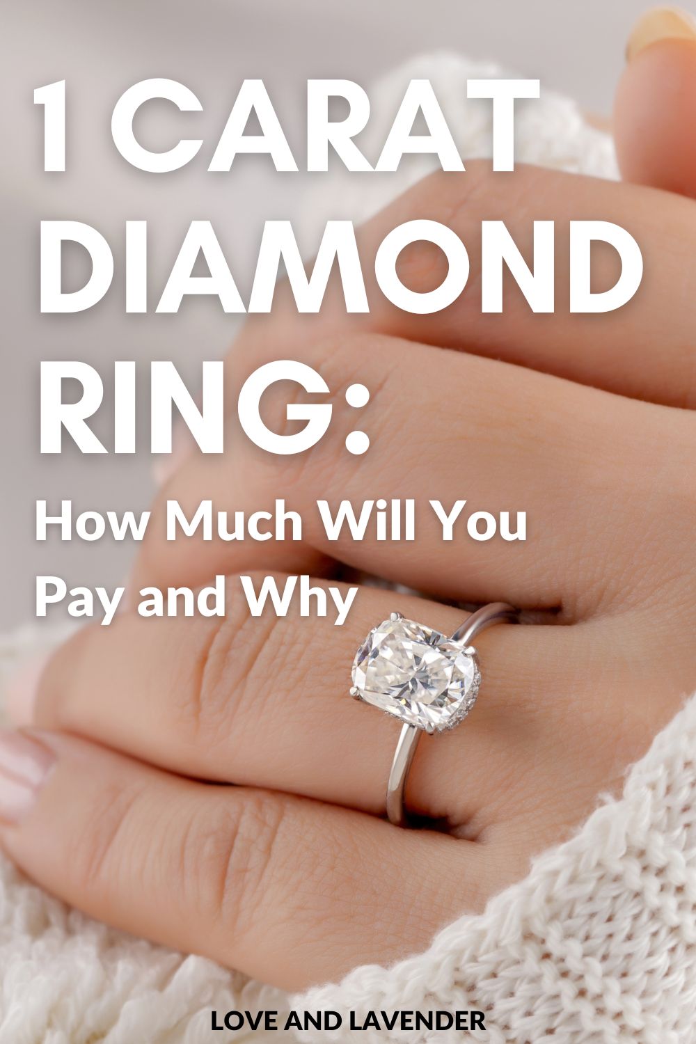 A close-up of a hand wearing a 1-carat diamond ring, with text overlay discussing the cost and reasons for pricing—perfect for those seeking a diamond guide or tips on buying diamonds.