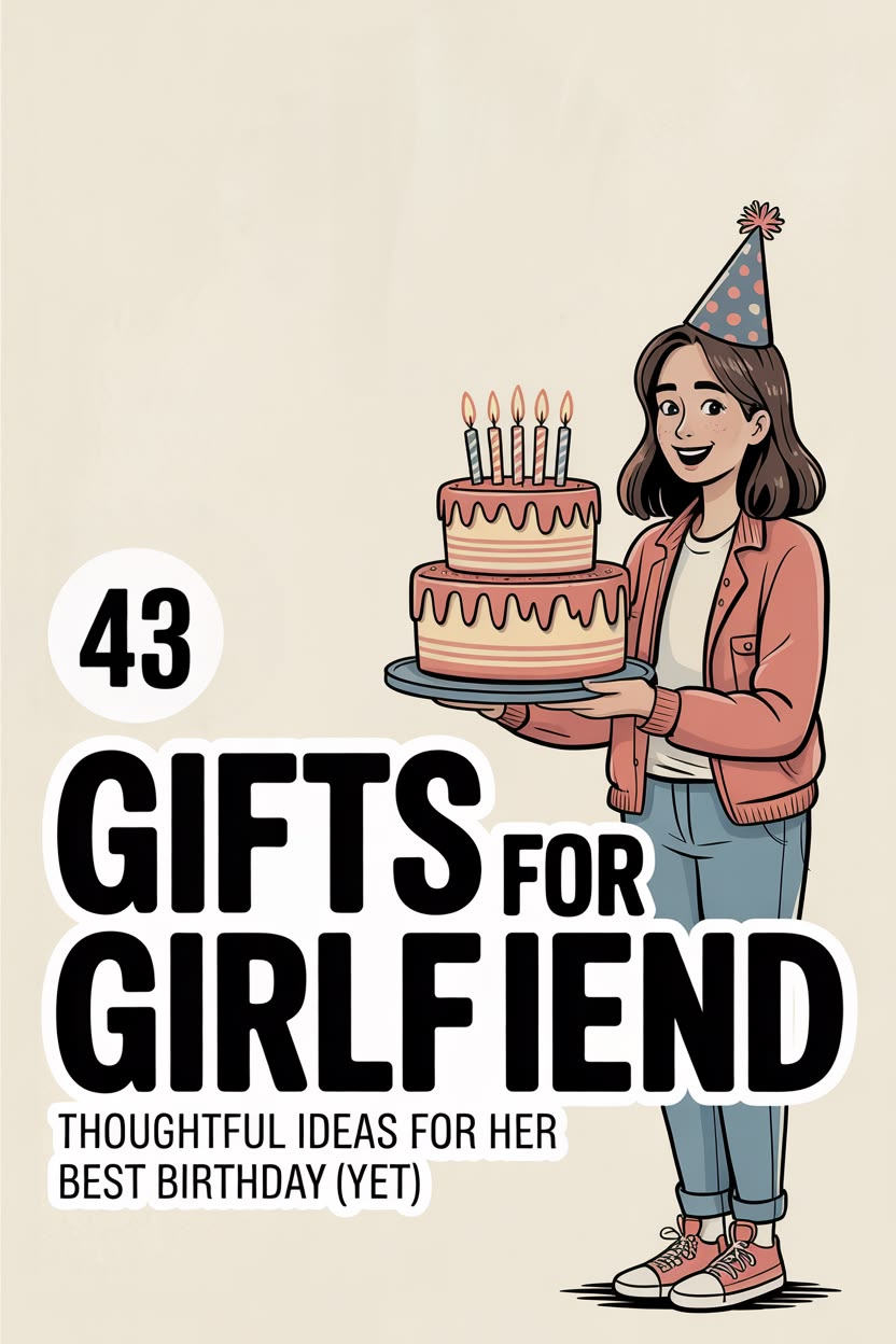 Illustration of a smiling woman in a party hat holding a birthday cake with candles. Text reads: "43 Girlfriend Gift Ideas: Thoughtful Ideas for Her Best Birthday (Yet).
