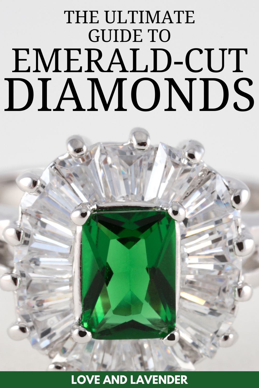 Close-up of an emerald-cut green gemstone ring surrounded by clear baguette diamonds, with the text "The Ultimate Guide to Diamonds for Amateurs" above.