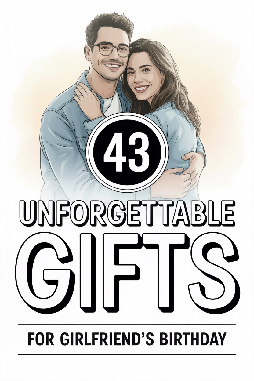 A smiling couple poses together above the bold, black text “43 Unforgettable Gift Ideas for Girlfriend’s Birthday,” showcasing the best girlfriend gift ideas for any special celebration.