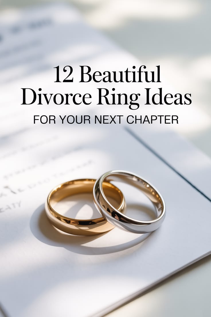 Two rings, one gold and one silver, rest on a document with the text "12 Beautiful Divorce Rings Ideas For Your Next Chapter" above them, symbolizing closure and new beginnings.