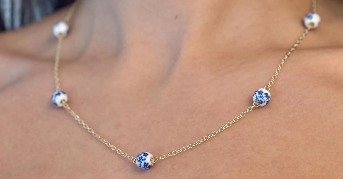 Blue & White Floral Porcelain Bead Necklace