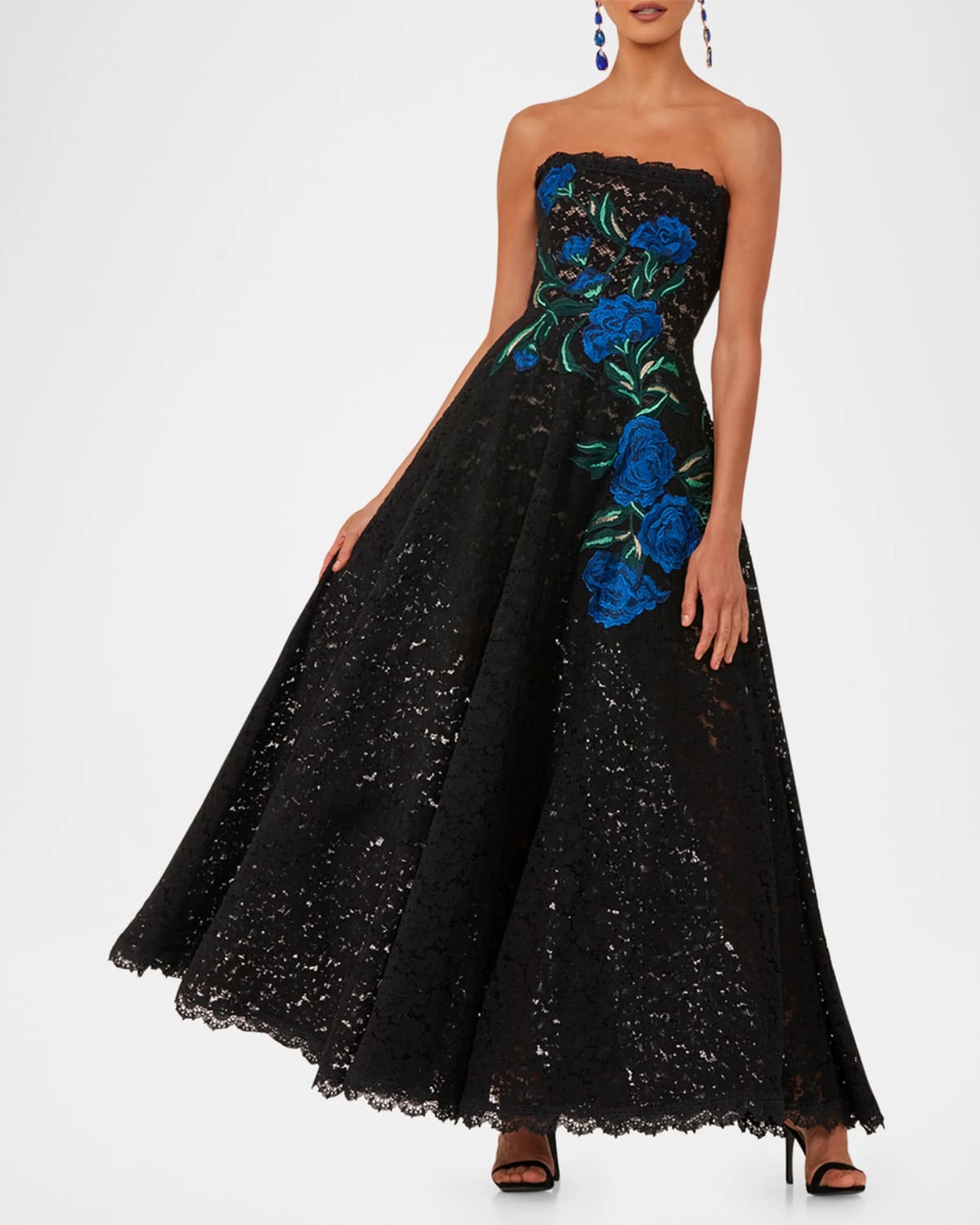 Black Strapless Floral Lace Gown