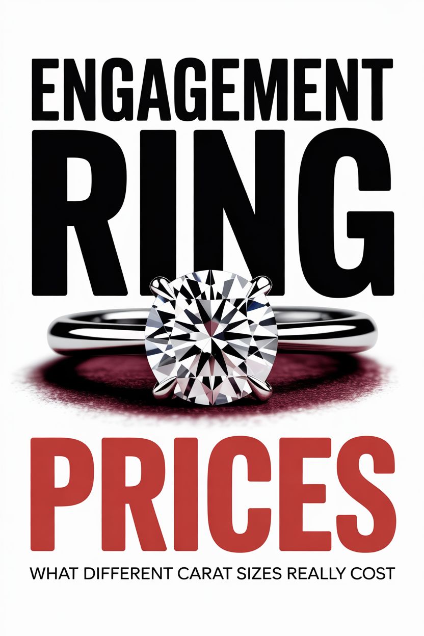 A large diamond engagement ring with the text "Engagement Ring Prices: What Different Carat Sizes Really Cost" in bold black and red letters highlights how carats can impact your perfect engagement ring size.