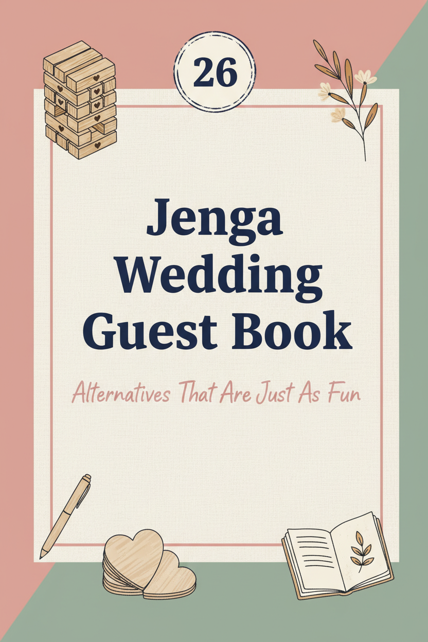 Illustration of a sign titled "Jenga Wedding Guest Book" with wooden block, flower, and book icons, offering playful Jenga guest book ideas as unique alternatives to traditional wedding guest books.