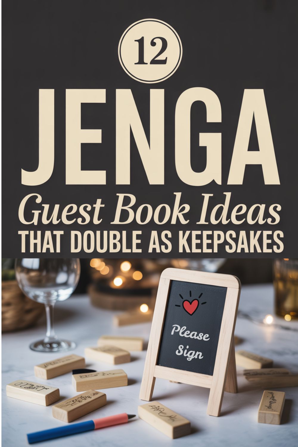 A small chalkboard sign reads "Please Sign," surrounded by Jenga blocks and pens on a table, offering a creative Jenga wedding guest book idea for guests to leave their messages.