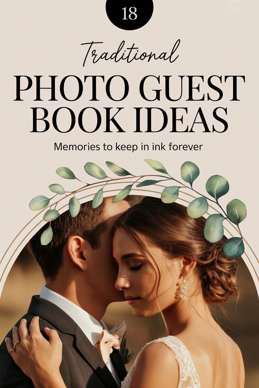 A bride and groom embrace closely; text above reads "18 Traditional Wedding Photo Guest Book Ideas. Memories to keep in ink forever." Floral illustration is overlaid at the top.