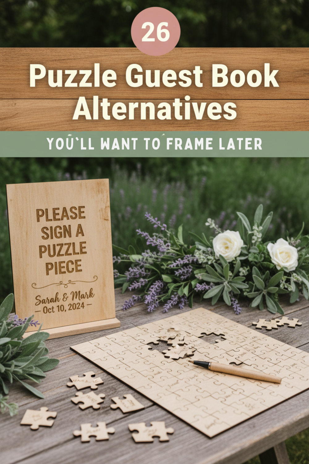Wooden puzzle pieces and a sign reading "Please sign a puzzle piece" are displayed on a table with flowers, offering a creative puzzle guest book for couples who love games and want unique guest book alternatives at their wedding.