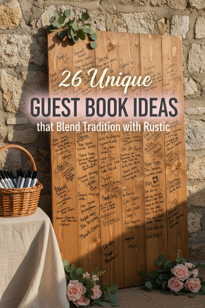 A rustic wooden guest book board, perfect for rustic wedding guest books, covered in handwritten messages sits by a basket of pens and fresh flowers, all radiating country charm against a stone wall.