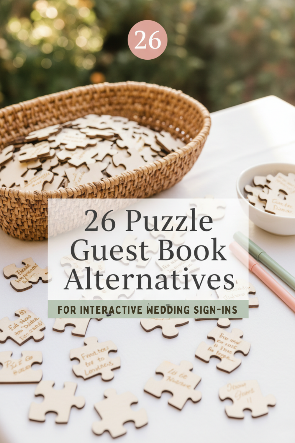 A wicker basket and pens sit on a table with blank wooden puzzle pieces, showcasing puzzle guest book alternatives perfect for couples who love games and want interactive wedding sign-ins.
