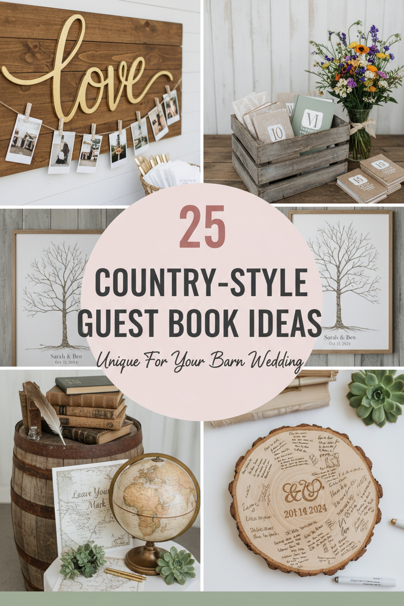 Collage of rustic wedding guest books, featuring a wood slice, tree prints, crate with cards, a globe, and a photo display with "love" sign—blending country charm with traditional and modern touches. Text reads "25 COUNTRY-STYLE GUEST BOOK IDEAS.