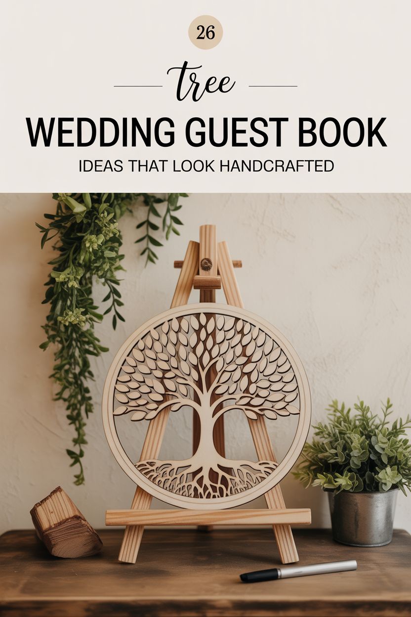 A wooden tree-themed wedding guest book displayed on an easel, evoking guest book trees and perfect for a fairy-tale wedding, with plants in the background and a pencil on the table.