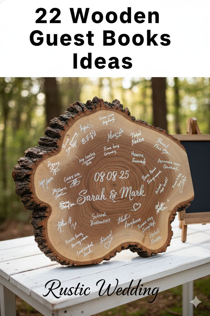 A wood sign guest book filled with handwritten messages and signatures is displayed outdoors on a table, with "22 Wooden Guest Books Ideas" and "Rustic Wedding" text above and below for unique alternative guest book inspiration.