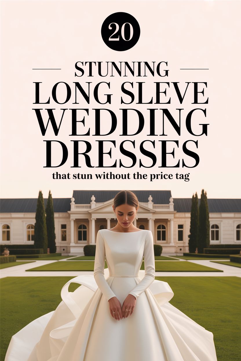 A bride in a white, long sleeve wedding dress stands outside a grand building; overlaid text reads "20 Cheap Long-Sleeve Wedding Dresses That Stun Without the Price Tag.