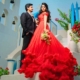 A Bride and Groom Standing on an Outdoor Staircase
