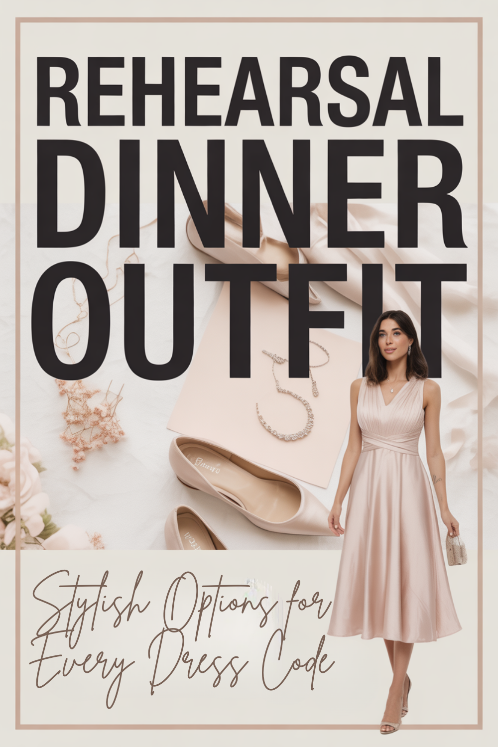 A woman in a light pink rehearsal dinner dress stands beside beige heels, pearl jewelry, and blush-colored accessories with the text "Rehearsal Dinner Outfit: Stylish Options for Every Dress Code Guide.