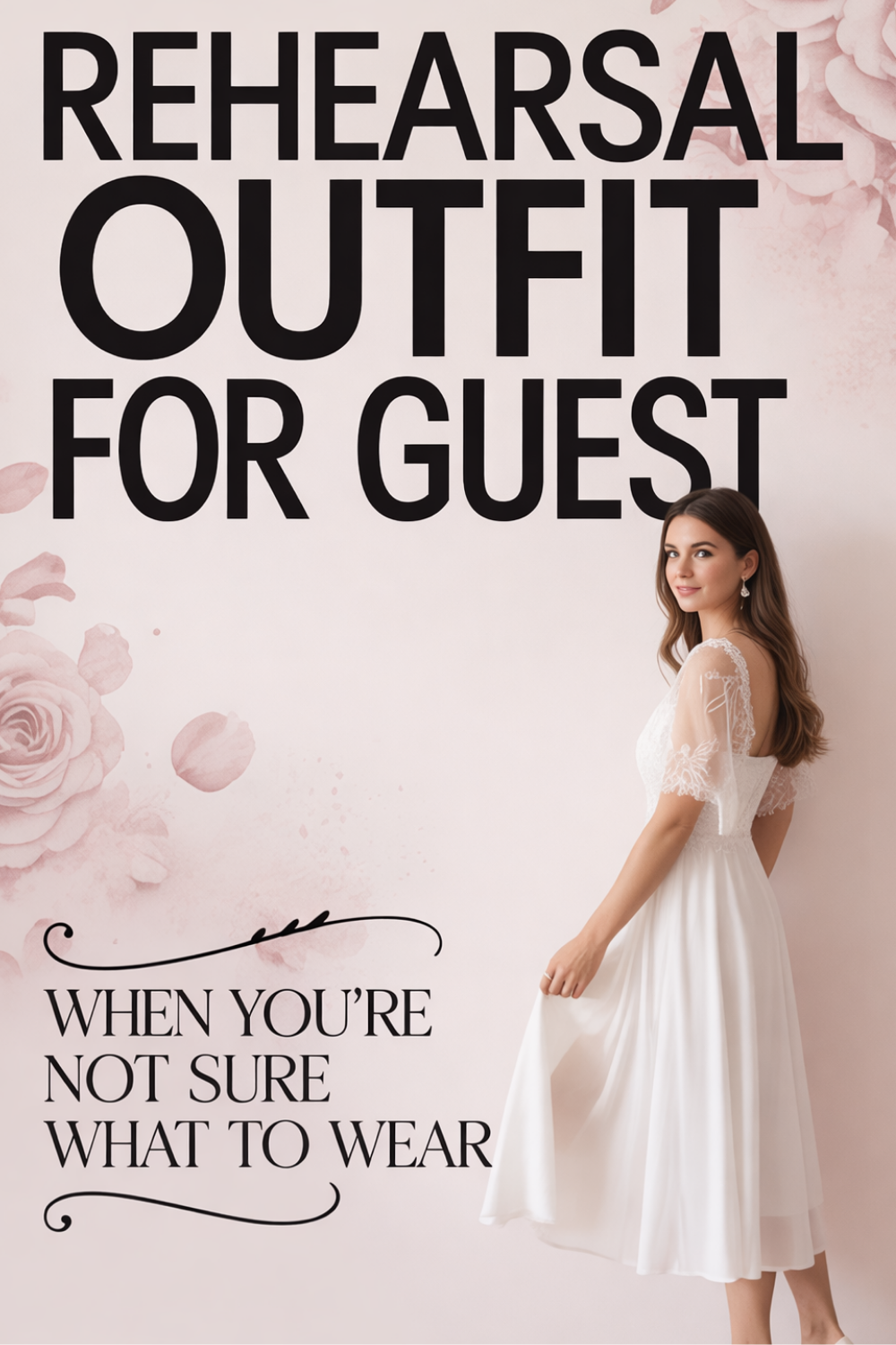A guest in a white, knee-length rehearsal dinner dress stands before a floral backdrop with text reading “Rehearsal Outfit for Guest: When you’re not sure what to wear.”—the perfect dress code guide for any occasion.