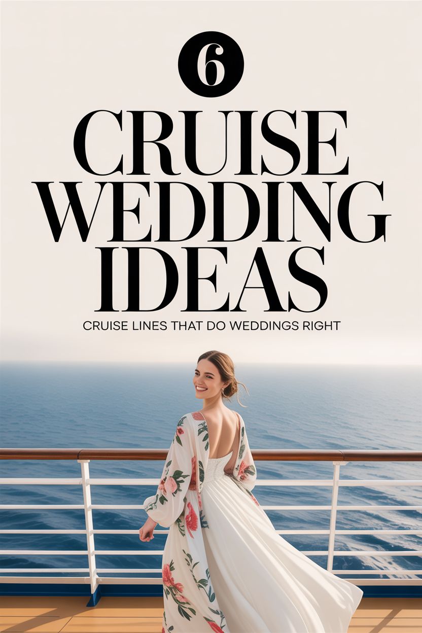 A woman in a white dress and floral cover-up stands on a cruise ship deck with ocean in the background. Text reads: "6 Cruise Wedding Ideas. Your cruise wedding guide to lines that do cruise weddings right.