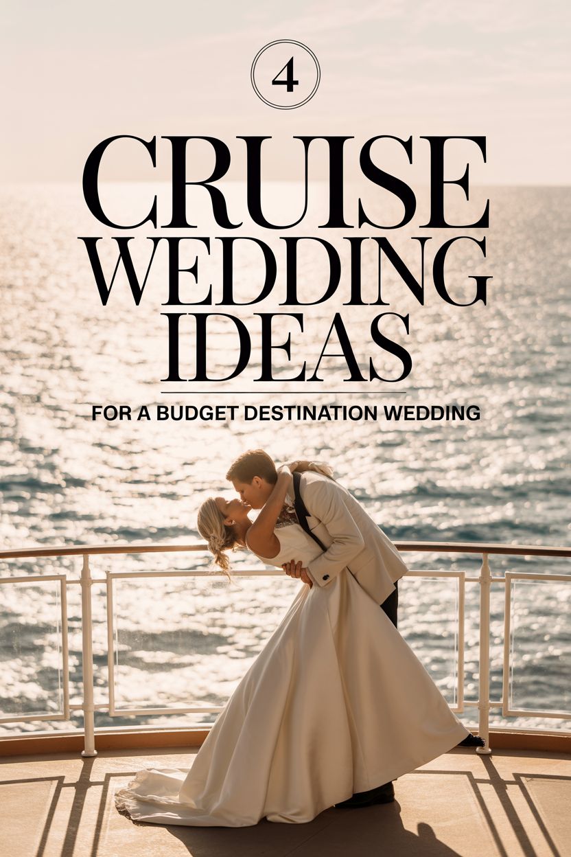 A couple in wedding attire embraces and kisses on a cruise ship deck at sunset. Bold text reads, “4 Cruise Wedding Ideas for a Budget Destination Wedding.” Perfect inspiration for your dream wedding at sea.