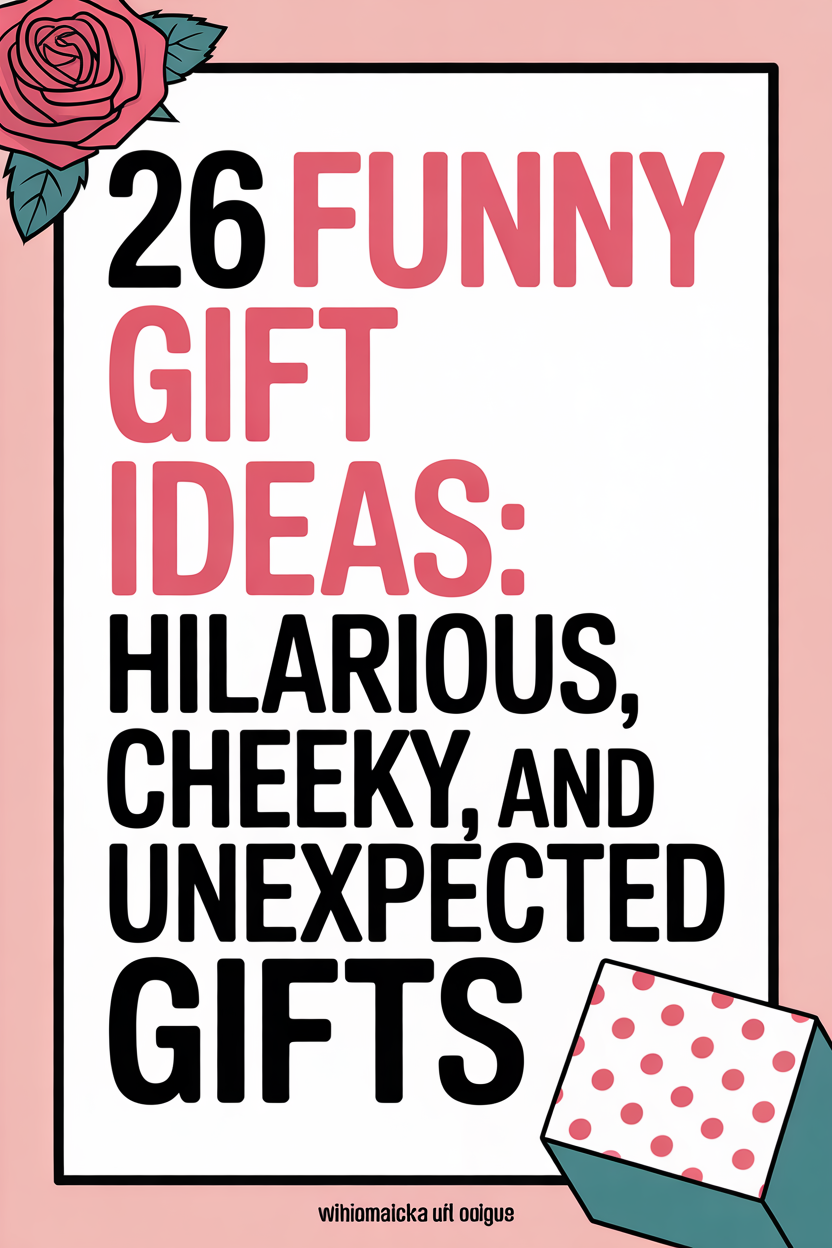 A graphic with the text "26 Funny Gift Ideas: Hilarious, Cheeky, and Unexpected Gifts" on a white background, featuring a rose illustration and a polka-dot gift box—perfect inspiration for humorous gifts and gifts for laughter.