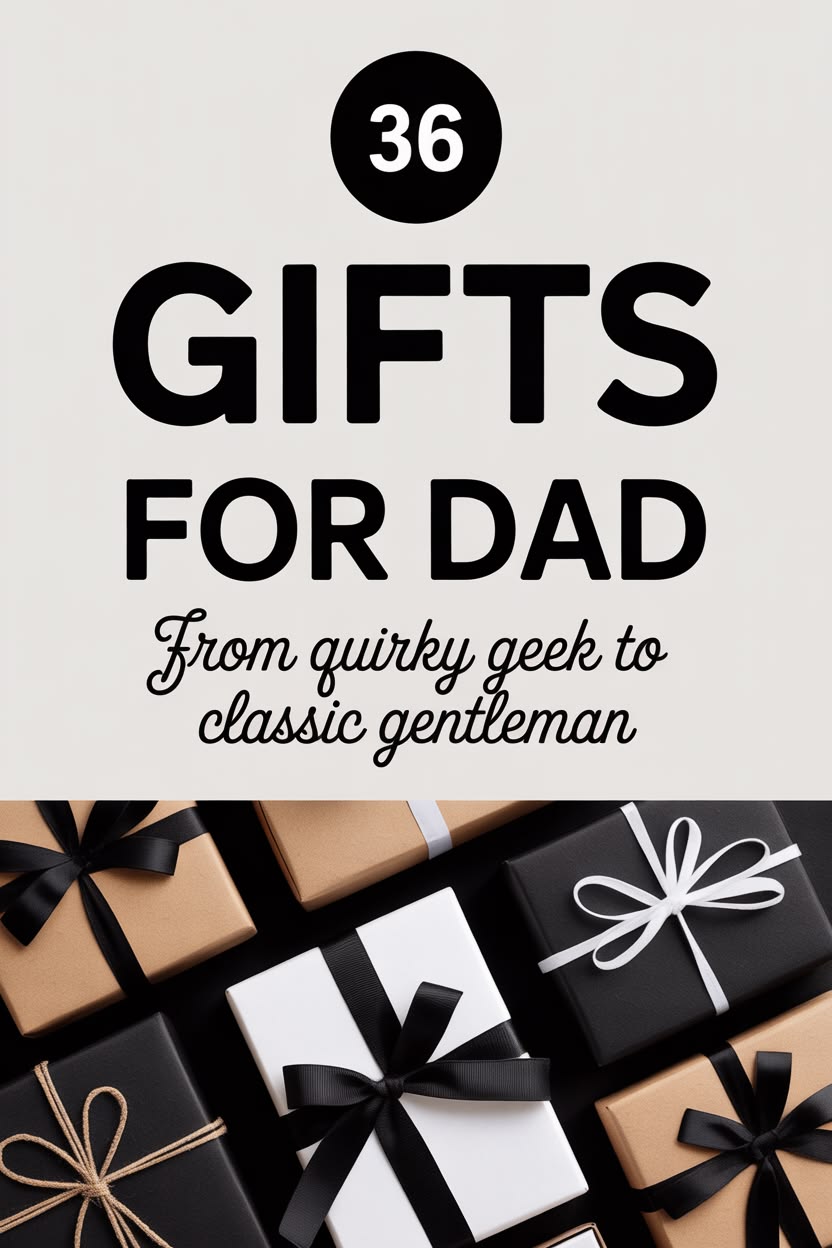 A graphic displaying "36 gifts for dad: From quirky geek to classic gentleman" above wrapped gifts in black, gold, and white with matching ribbons—perfect inspiration for practical gifts or sentimental gifts for Dad.