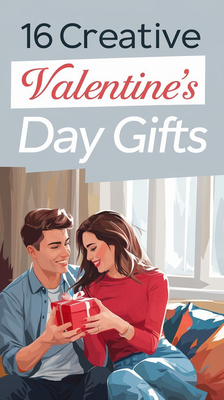 A smiling couple sits on a couch, holding a red gift box together, with text above reading "16 Creative Valentine's Day Gifts: 2026 Edition.