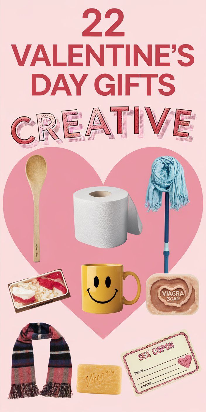 A collage of creative Valentine's Day gifts for 2026 Valentine's Day, featuring a wooden spoon, toilet paper, mug, scarf, mop, Viagra soap, bar soap, food, and a sex coupon against a pink background.