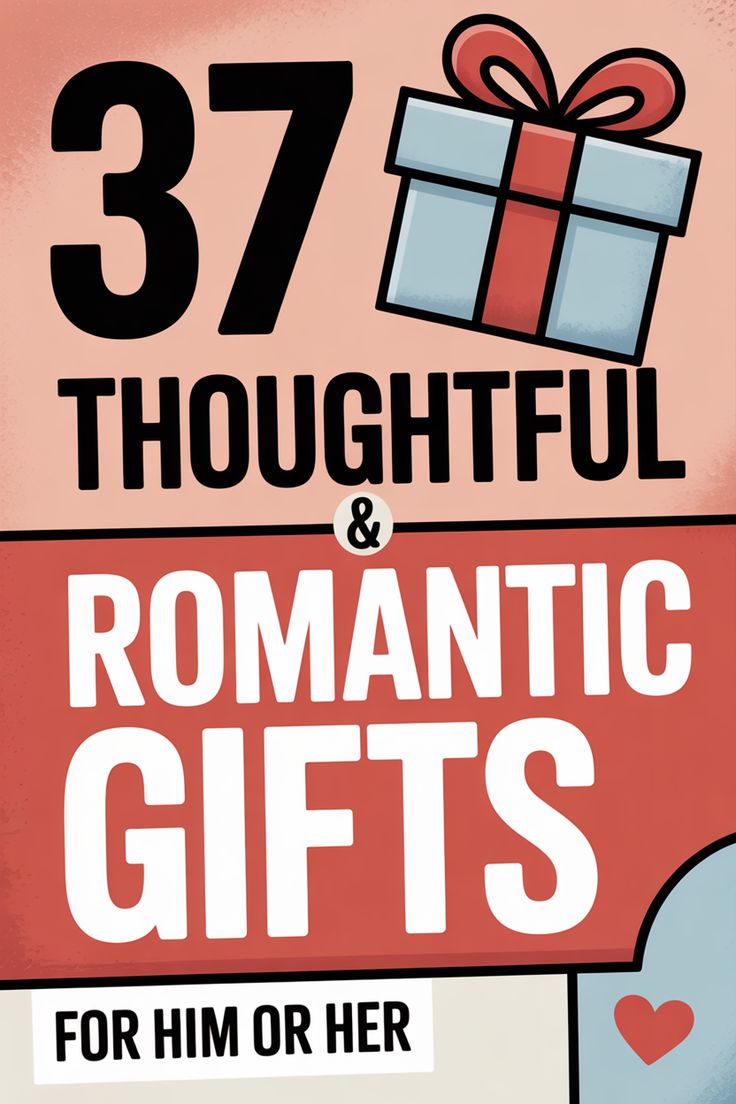 A graphic featuring a gift box and the text "37 Thoughtful & Romantic Gifts for Him or Her" on a pink and beige background with a small red heart—perfect inspiration for Valentine's Day gifts in this 2026 edition.
