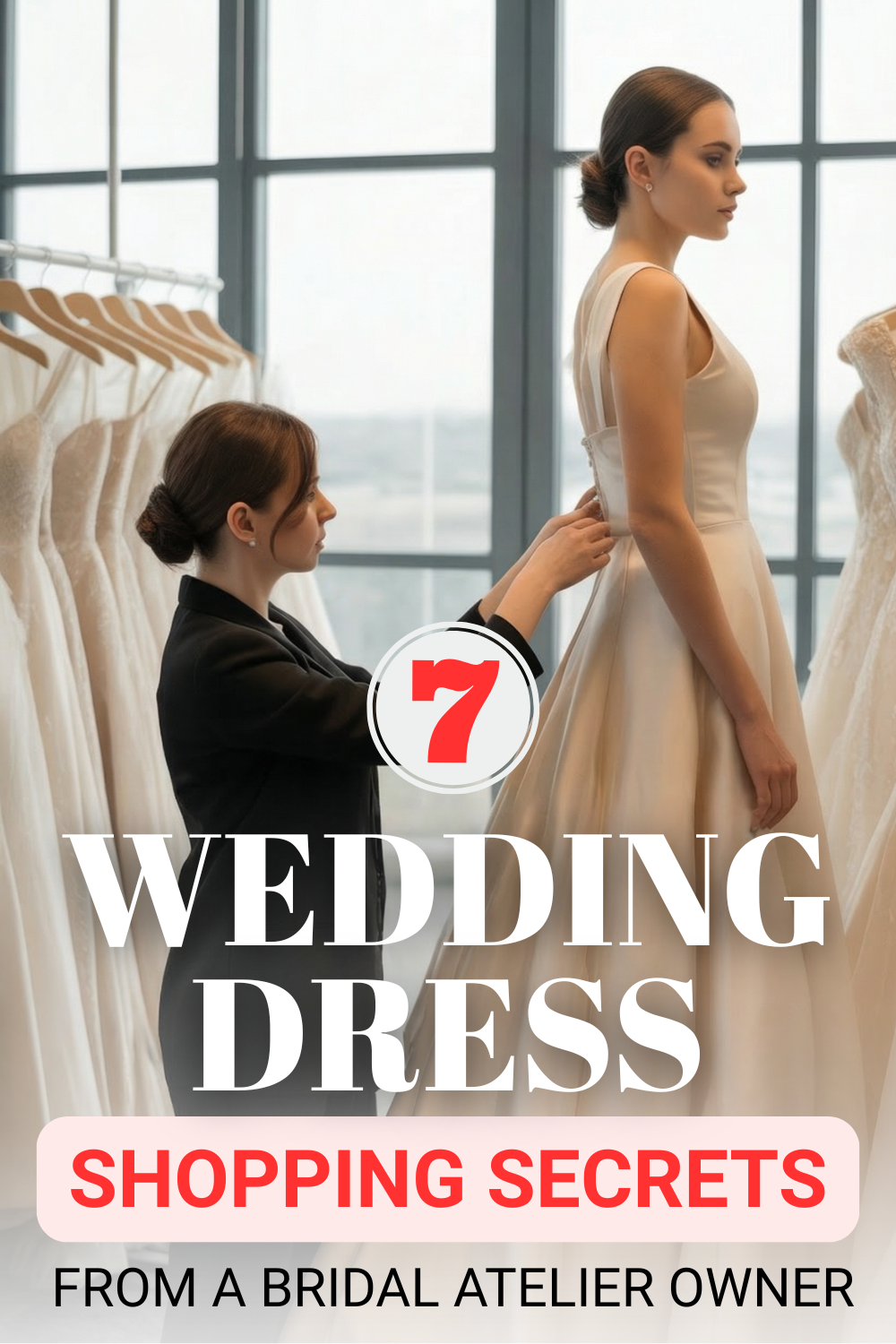 A woman helps another woman try on a sleeveless wedding dress in a California atelier bridal shop, with several gowns hanging nearby. Text reads, "7 Wedding Dress Shopping Secrets from a Bridal Atelier Owner.