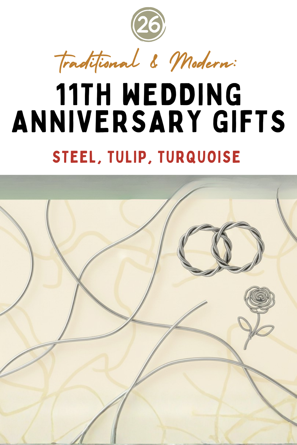 Image listing traditional and modern anniversary gifts for the 11th wedding anniversary: steel, tulip, and turquoise, featuring two steel rings and a steel tulip flower on a cream background.