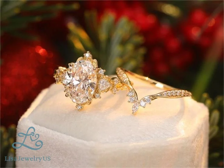 0.5ct-Oval-Cut-Lab-Diamond-Nature-Inspired-Olive-Leaves-4-Prong-Engagement-Ring-Set