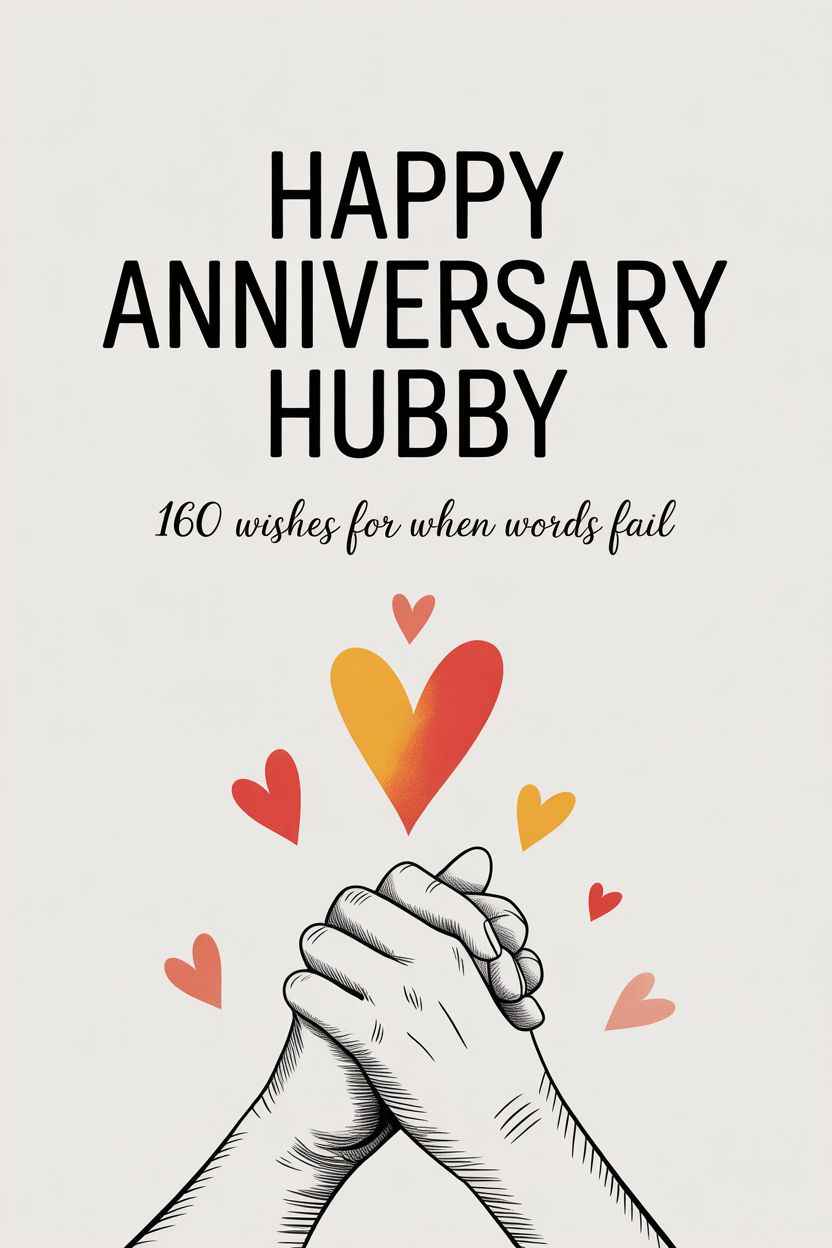 Illustration of two hands clasped together with red and orange hearts above, and text reading "Happy Anniversary Hubby, 160 Anniversary wishes for husband when words fail.