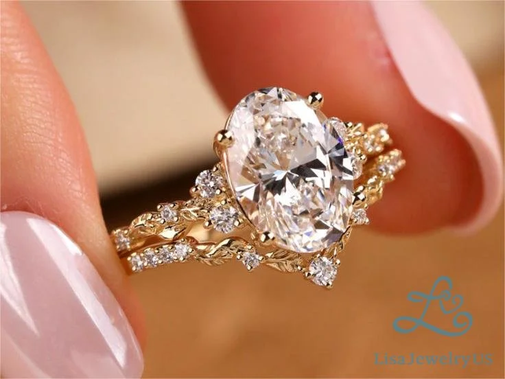 1ct-Colorless-VS-Oval-Cut-Lab-Grown-Diamond-Art-Nouveau-4-Prong-Engagement-Ring-Set