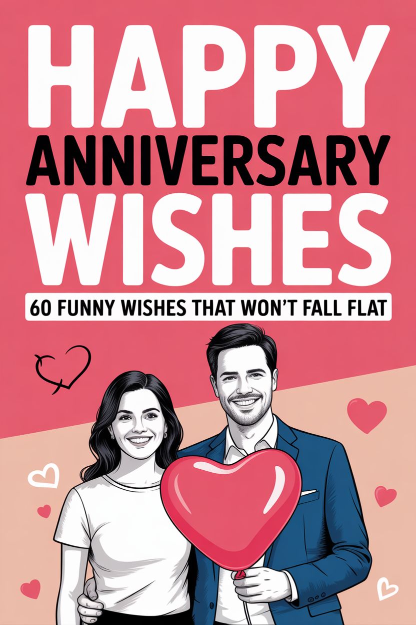 A smiling couple holds a large heart balloon. The text reads: "Happy Anniversary Wishes - 60 Funny Anniversary Wishes That Won’t Fall Flat." The background is pink with hearts.