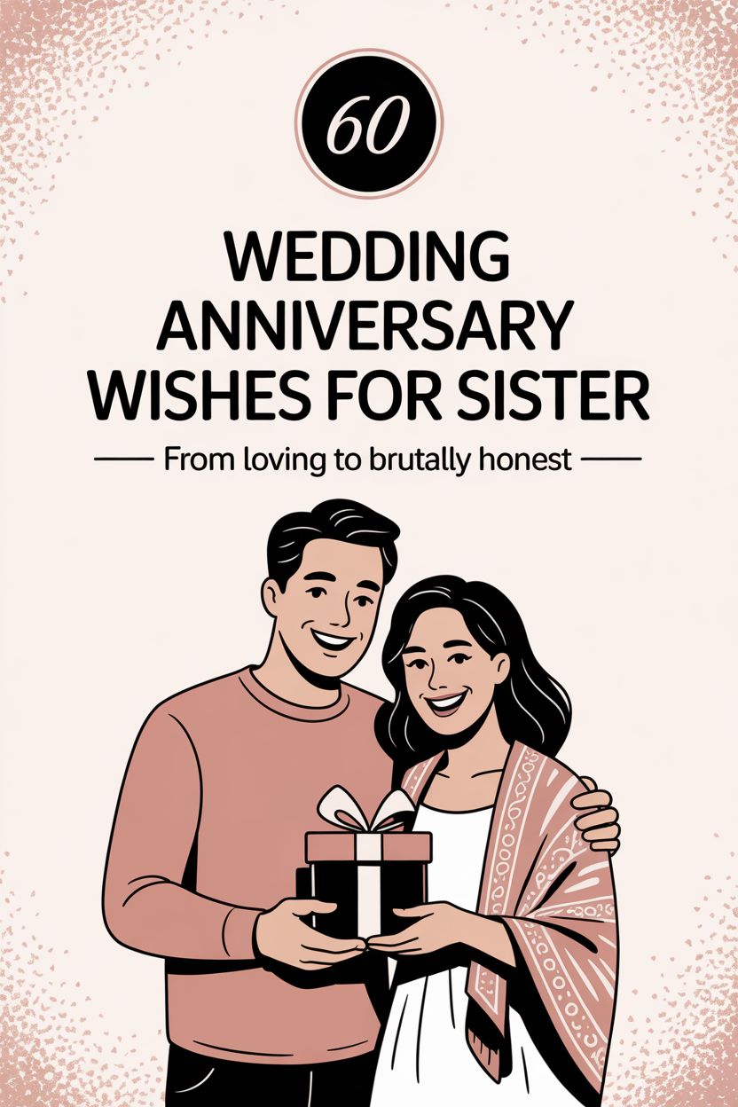 Illustration of a smiling couple holding a gift, with text that reads "60 Wedding Anniversary Wishes for Sister – From loving to brutally honest anniversary messages.