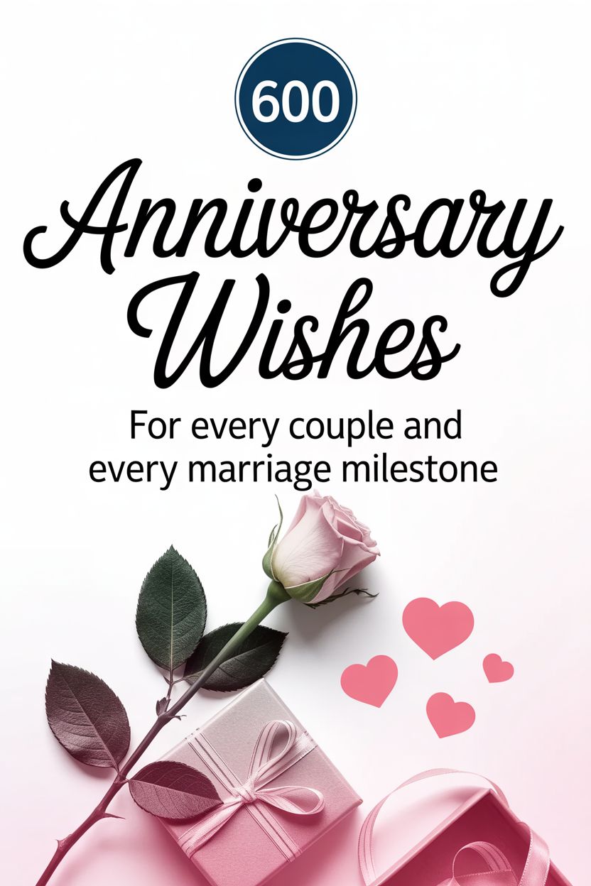A pink rose, gift box, and scattered pink hearts below text reading "600 Anniversary Wishes for every couple and every marriage milestone" on a white background—find inspiration for anniversary wishes for couples or what to write for any milestone.