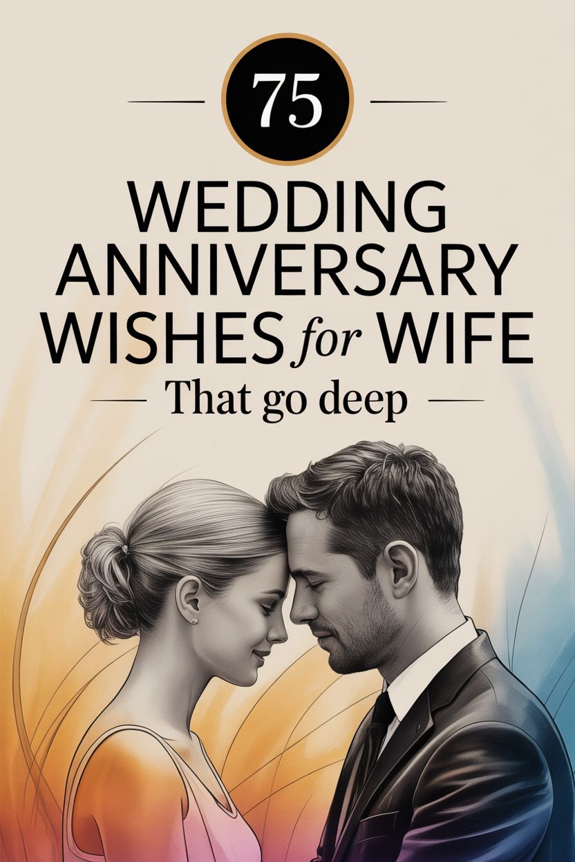 A man and woman stand close together, touching foreheads, below text that reads "75 Anniversary wishes for wife that go deep," perfect for anyone seeking heartfelt wife anniversary messages.