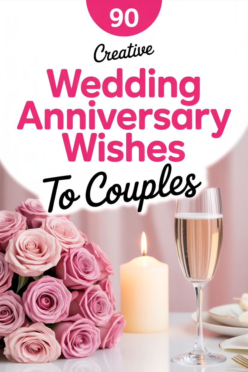 A bouquet of pink roses, a lit candle, and a glass of champagne sit on a table with text above that reads "90 Creative Anniversary Messages & Wishes for Couples: What to Write for Their Special Day.