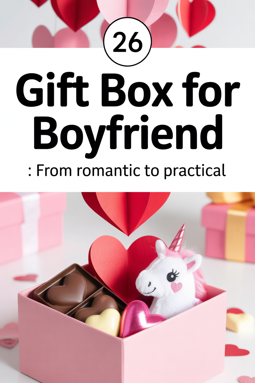 Pink gift box with chocolates and a small unicorn toy, surrounded by heart decorations and other gift boxes. Text: "26 boyfriend gift box ideas: From romantic to practical.