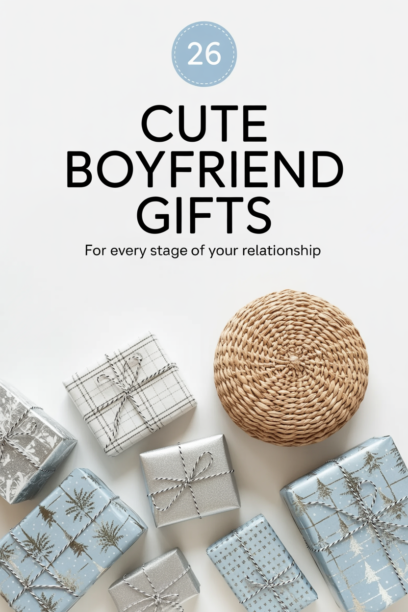 A collection of wrapped gifts and a woven basket lid on a white surface, with text reading "26 Cute Boyfriend Gifts For every stage of your relationship"—find sweet boyfriend gifts perfect for any milestone.